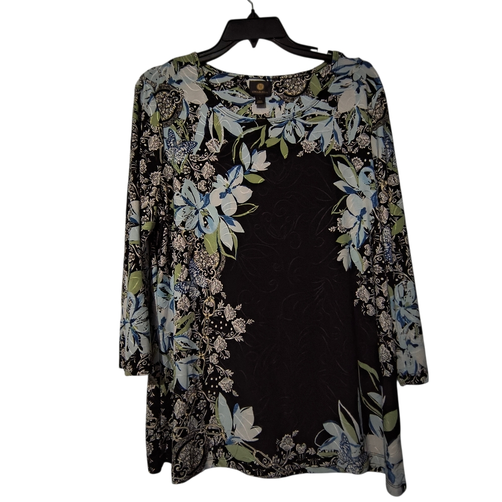 JM Collection Blouse Ornamental Floral Butterfly Print Textured Size L Black